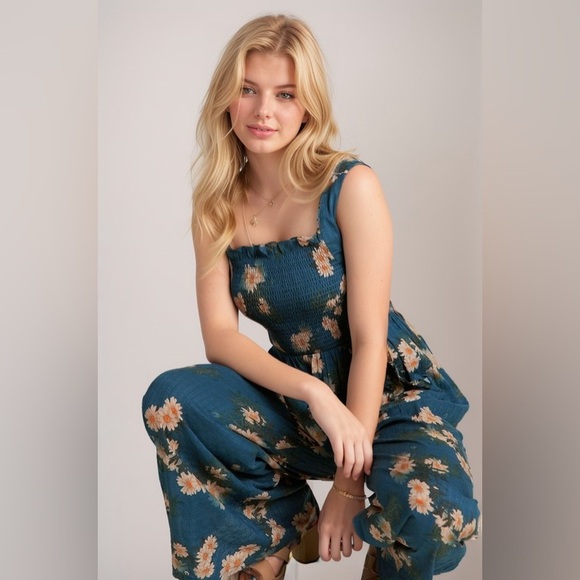 149B. Floral Smocked Bodice Jumpsuit - Teal Blue - Picture 8 of 9